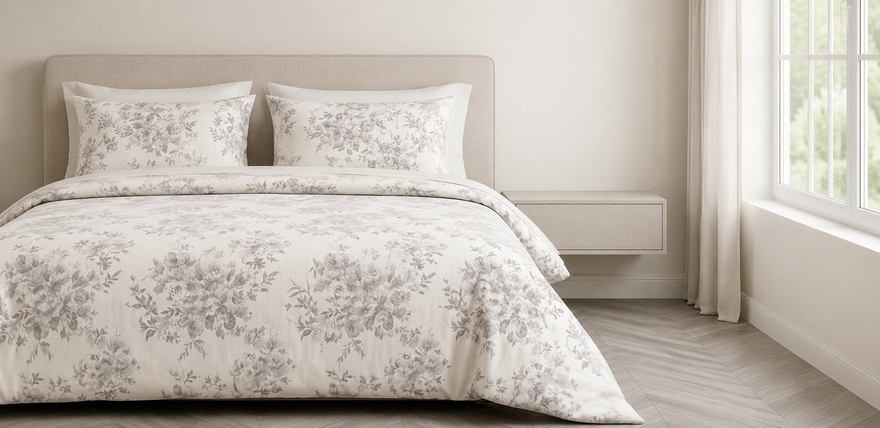 Luxury floral-patterned bedding styled in a serene, sunlit bedroom